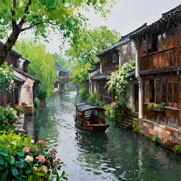 Rainy Water Town Oil Painting with Boat