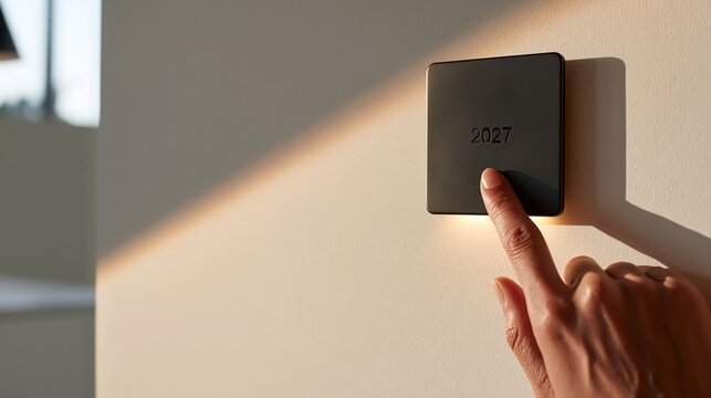 A hand presses a sleek black wall mounted button labeled 2027