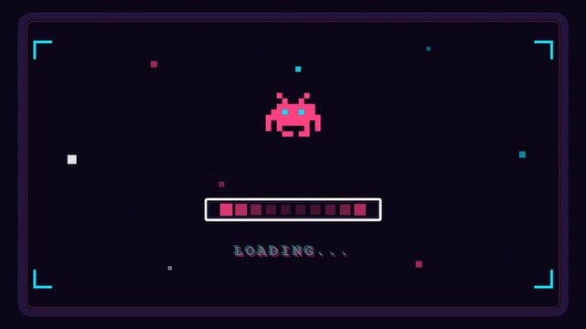 Retro arcade loading screen with pixel monster animation