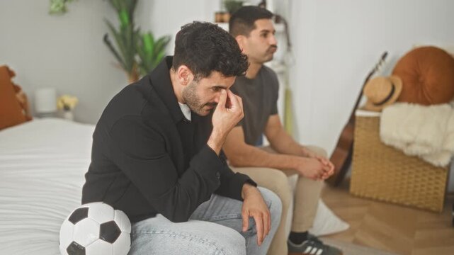 Man on bed with soccer ball watching a match on tv, hand covering face in frustrated gesture, bedroom scene; disappointment support.