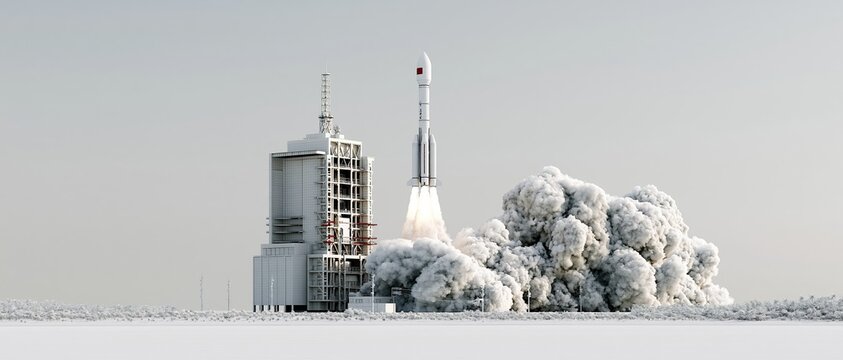White rocket launching from snowy launchpad with billowing