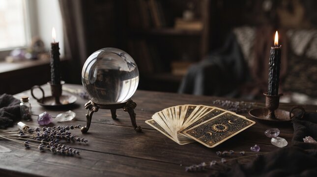 Crystal ball and tarot cards with black candles on dark wood