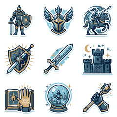 Naklejka premium Set of medieval fantasy RPG game elements and equipment stickers.