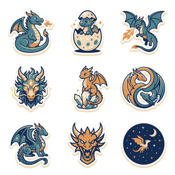 Set of cute dragon character stickers in various poses.