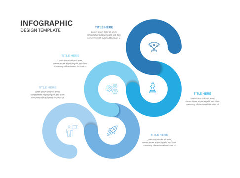 Business presentation 5 steps diagram with blue snake wave line and Icons.