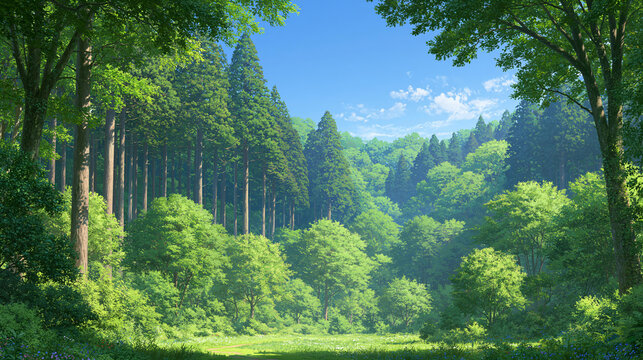 Lush Green Forest Landscape with Tall Trees and Clear Blue Sky in a Peaceful Meadow