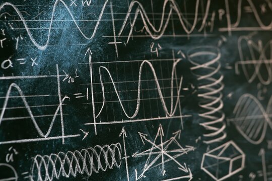 Close-up of complex mathematical graphs and equations on