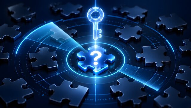 Conceptual 3D digital illustration of a glowing blue key unlocking a puzzle piece with a question mark, representing cybersecurity, problem-solving, business strategy, and finding solutions.