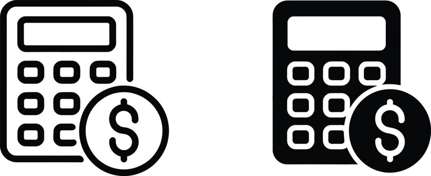 Finance calculator icon set, accounting and money calculation concept with dollar symbol in line and solid style, banking, budgeting and financial management symbols.