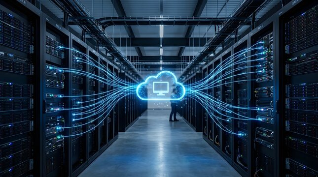 Data center server room with glowing cloud computing network connections representing digital infrastructure, cloud storage, and highspeed data processing technology