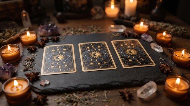 Tarot card spread with tea lights and star anise on dark slate