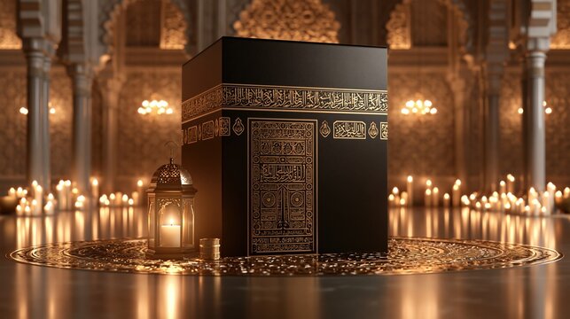 Black kaaba cube inside mosque with candles