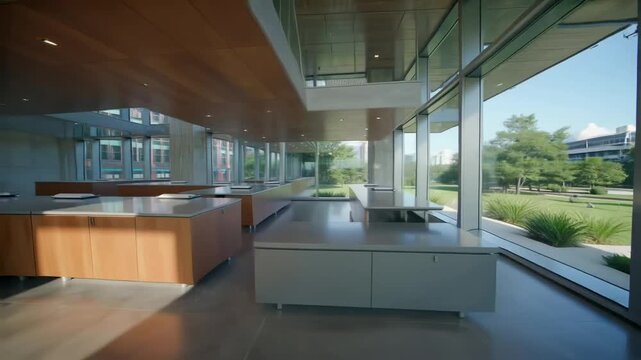 Modernes Architektur-Atrium mit Blick in den Park
