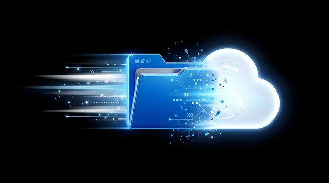 Blue folder icon transferring digital data into a glowing cloud computing storage system against a black background
