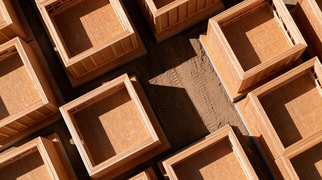 Wooden foundation frames construction site aerial view