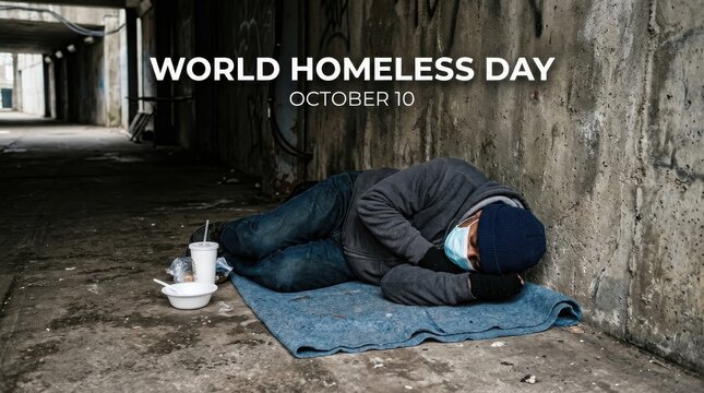 Homeless person sleeping on a blue blanket in an urban underpass, world homeless day concept