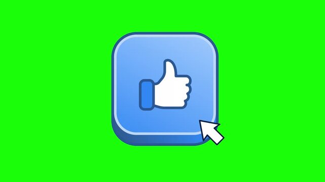 A 3D thumbs up like button animation features a blue square button being clicked by a mouse cursor on white and green backgrounds