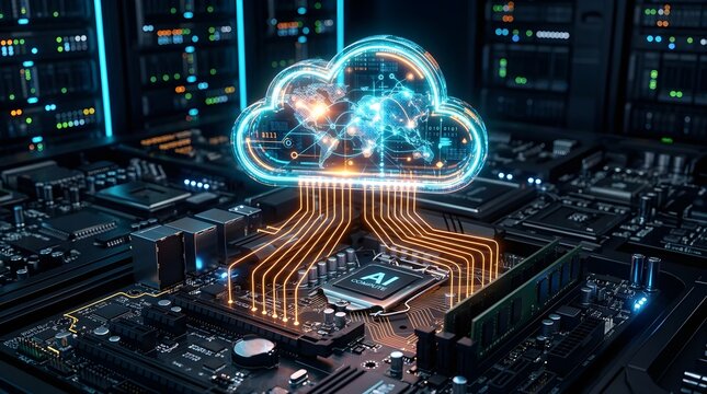 Ai chip on a circuit board with a glowing digital cloud icon representing global cloud computing and data processing technology