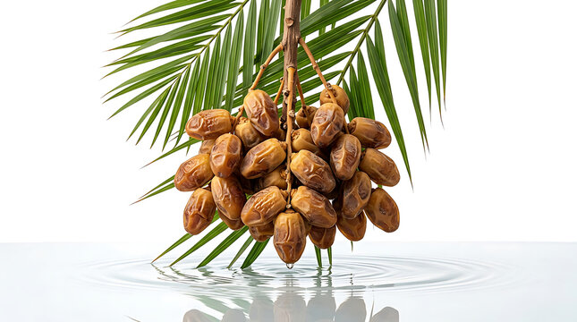 Fresh Brown Dates Fruit Branch hanging over clear water ripple, isolated organic ripe palm date fruit set on white background