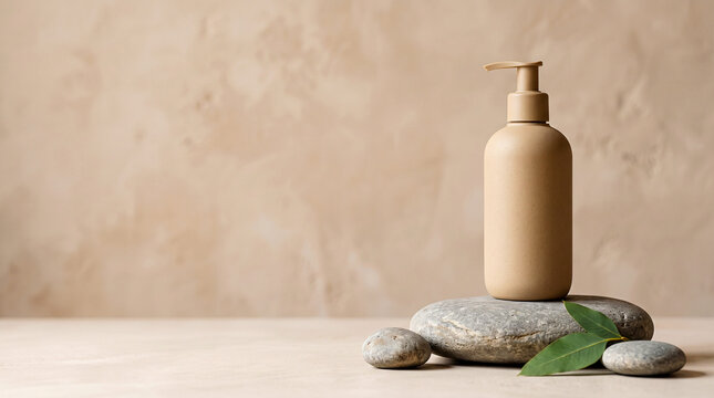 Neutral Skincare Pump Bottle with River Stones and Green Leaf