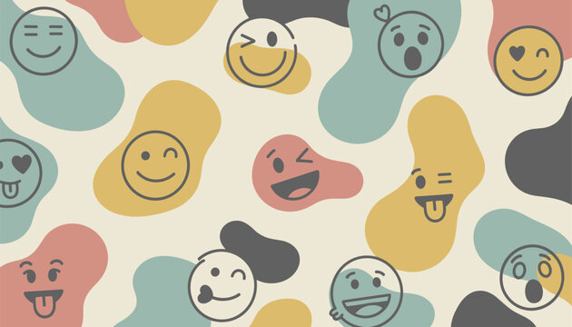 Playful pattern of various emoji faces on abstract colorful blob shapes for social media and communication themed backgrounds.