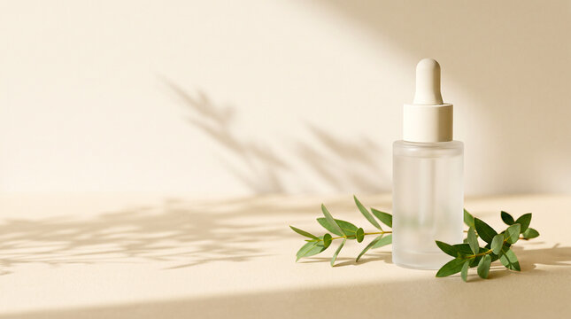 Frosted Serum Bottle with Botanical Shadows on Cream Background