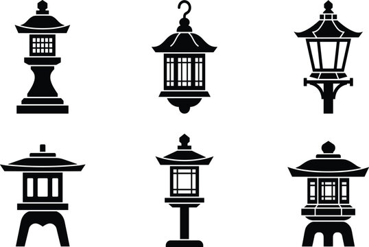 Japanese Stone Lantern Toro Black Silhouette Icon Set Traditional Asian Garden Pagoda Lamps Vector Graphic Elements for Logo and Landscape Designs