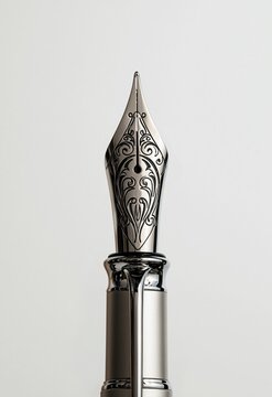 Closeup of ornate silver fountain pen nib against
