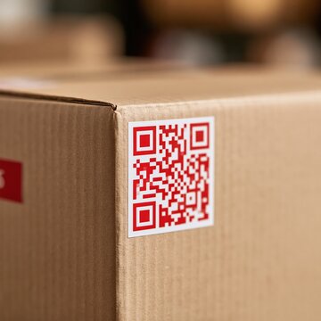 red qr code sticker on brown cardboard box