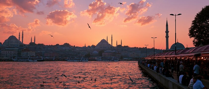 Istanbul skyline sunset with mosque minarets and seagulls