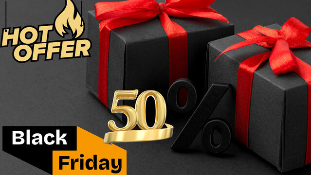 Black friday promotional layout with two black gift boxes and gold fifty percent.