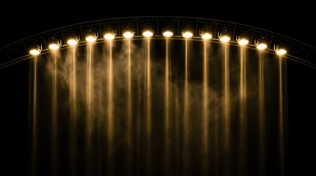 Intense dramatic stage lighting features a linear arrangement of spotlights brightly illuminating a darkened performance area for an engaging theatrical production