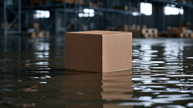 Cardboard box floating in flooded warehouse interior