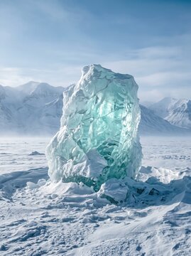 Large blue iceberg rising from frozen plain beneath snow-covered mountains. Polar ice field and glacial landscape. Frozen wilderness, cryosphere and polar environment. Winter nature