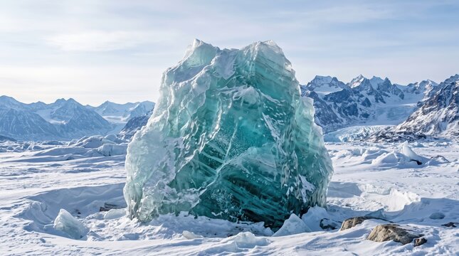 Turquoise ice formation on a snow-covered glacier beneath rugged alpine peaks. Glacial landscape and mountain wilderness. Climate change, melting ice and environmental research.