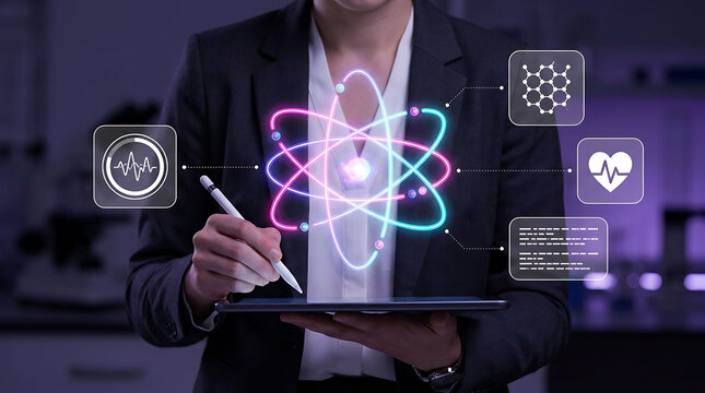 Woman scientist using tablet with glowing atomic structure and data icons in lab