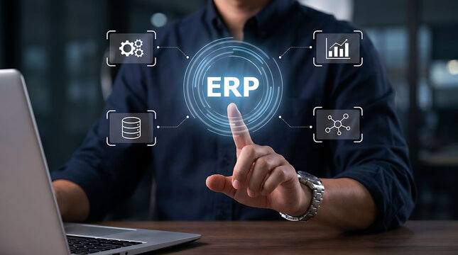 Businessman interacting with digital ERP software hologram in modern office