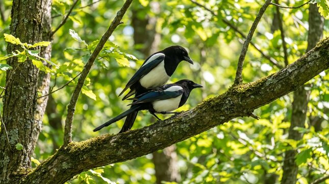 Two Eurasian magpies mating on a mossy tree branch in a lush green forest during a sunny spring day in the wild woodland