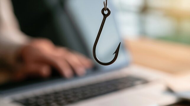 Fishing hook dangling over laptop keyboard with blurred