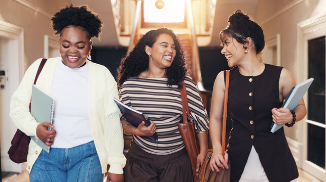 Friends, students and talking at campus with smile, new semester and next class for college lecture. Happy, women and laugh at university for recess, orientation and academic discussion for education