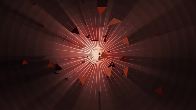 Abstract burst with glowing rays and exploding triangles in a deep maroon color palette