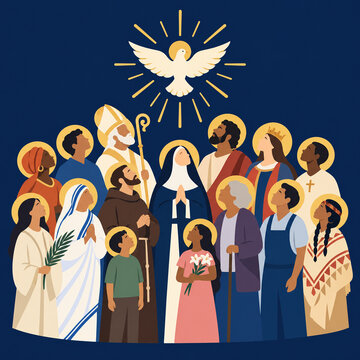 Catholic All Saints Day vector illustration, diverse group of saints with halos, Holy Spirit dove, flat design religious artwork for church
