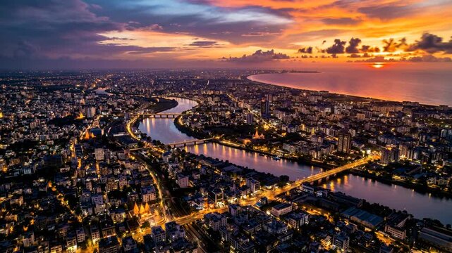 aerial view of surat india city skyline dramatic sunset to night timelapse video