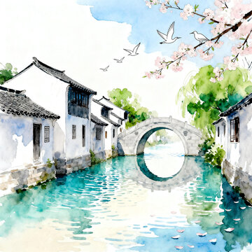 Watercolor Painting of Chinese Water Town with Stone Bridge