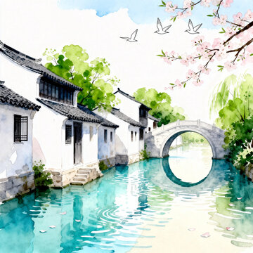 Watercolor Painting of Chinese Water Town with Stone Bridge