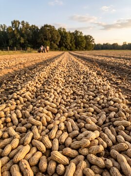 Shelled peanuts drying across a harvested field with farm equipment in the distance. Peanut harvest and crop production. Agriculture, farming and food supply. Seasonal harvest.
