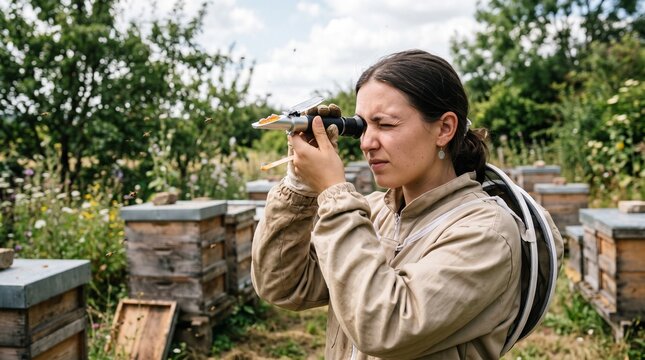 Beekeeper in protective suit examining honey with a refractometer in an apiary with beehives and flying bees