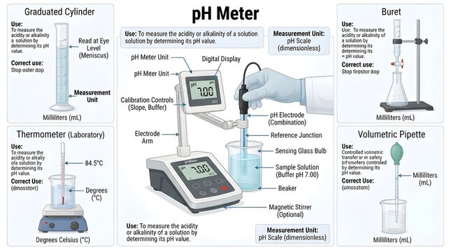 pH meter educational diagram showing digital display, electrode probe, calibration buttons, sample beaker, and pH scale use for measuring acidity and alkalinity in chemistry laboratory experiments.