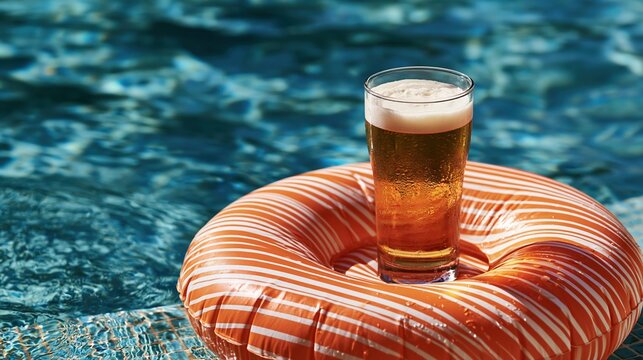 Cold beer on orange pool float in blue