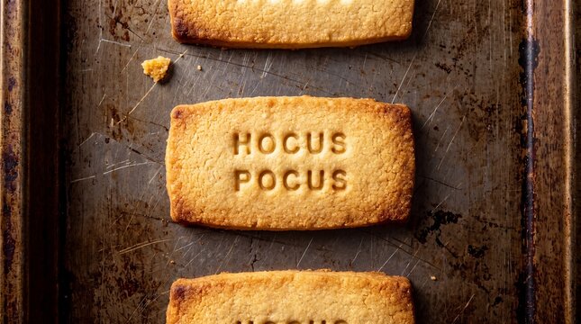 Baked shortbread cookies with hocus pocus text stamped on a rustic wood